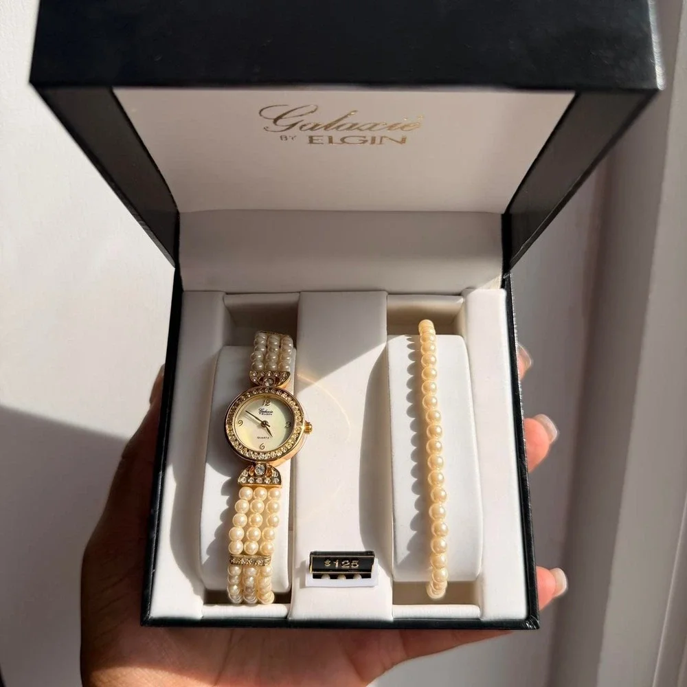 GOLD TONE GALAXIE BY ELGIN FAUX PEARL WATCH AND BRACELET SET
